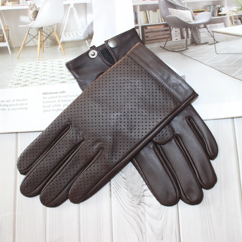 High-end new products fashion men's sheepskin gloves touch screen mesh breathable thin silk riding leather gloves autumn