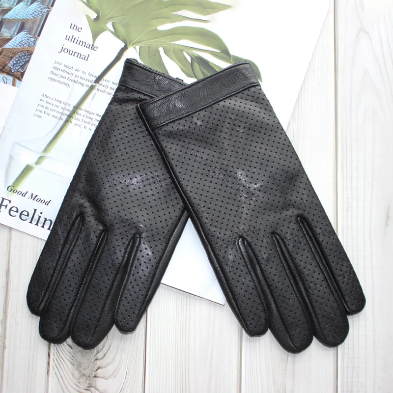 High-end new products fashion men's sheepskin gloves touch screen mesh breathable thin silk riding leather gloves autumn