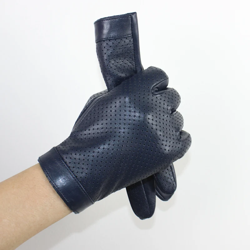 High-end new products fashion men's sheepskin gloves touch screen mesh breathable thin silk riding leather gloves autumn