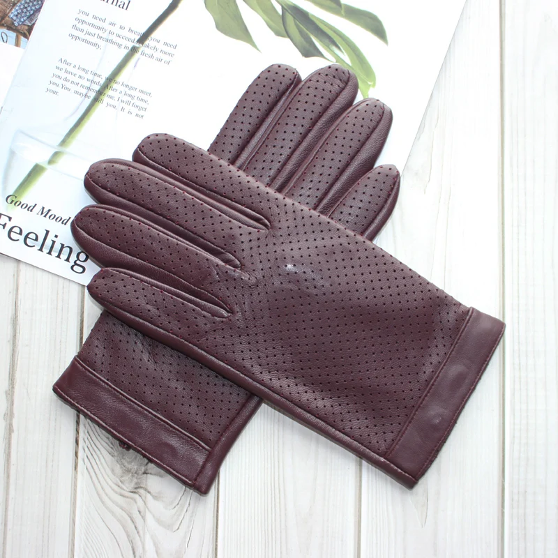 High-end new products fashion men's sheepskin gloves touch screen mesh breathable thin silk riding leather gloves autumn