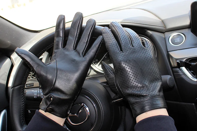 High-end new products fashion men's sheepskin gloves touch screen mesh breathable thin silk riding leather gloves autumn