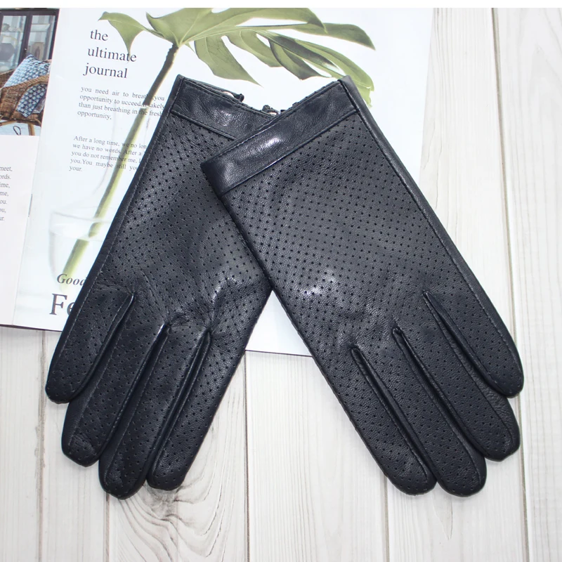 High-end new products fashion men's sheepskin gloves touch screen mesh breathable thin silk riding leather gloves autumn