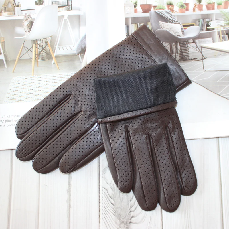 High-end new products fashion men's sheepskin gloves touch screen mesh breathable thin silk riding leather gloves autumn