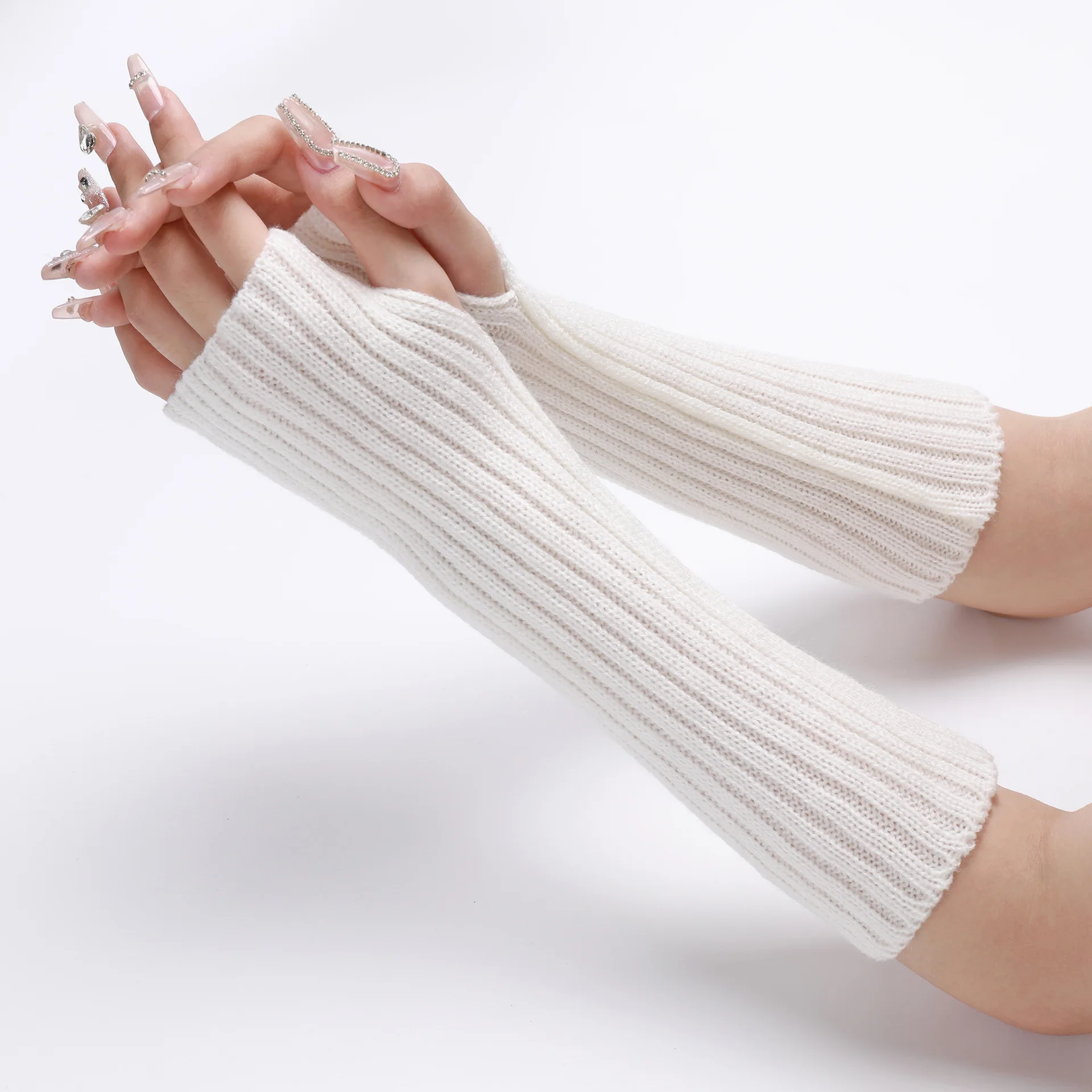 30CM Long Striped Gloves Womens Autumn Winter Yarn Sleeves Work Gloves Warm Exposed Finger Fake Sleeves Knitted Fingerless Glove