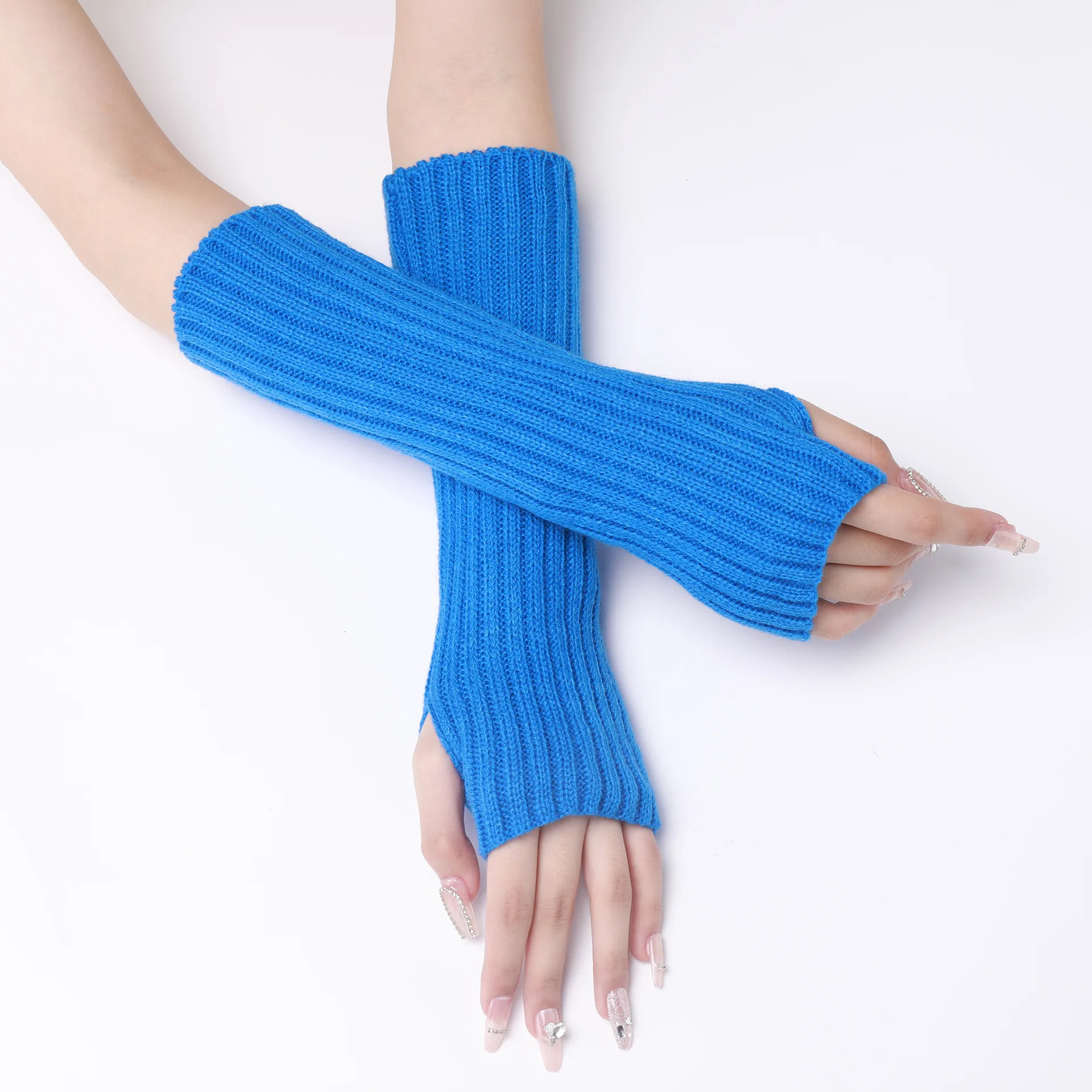 30CM Long Striped Gloves Womens Autumn Winter Yarn Sleeves Work Gloves Warm Exposed Finger Fake Sleeves Knitted Fingerless Glove