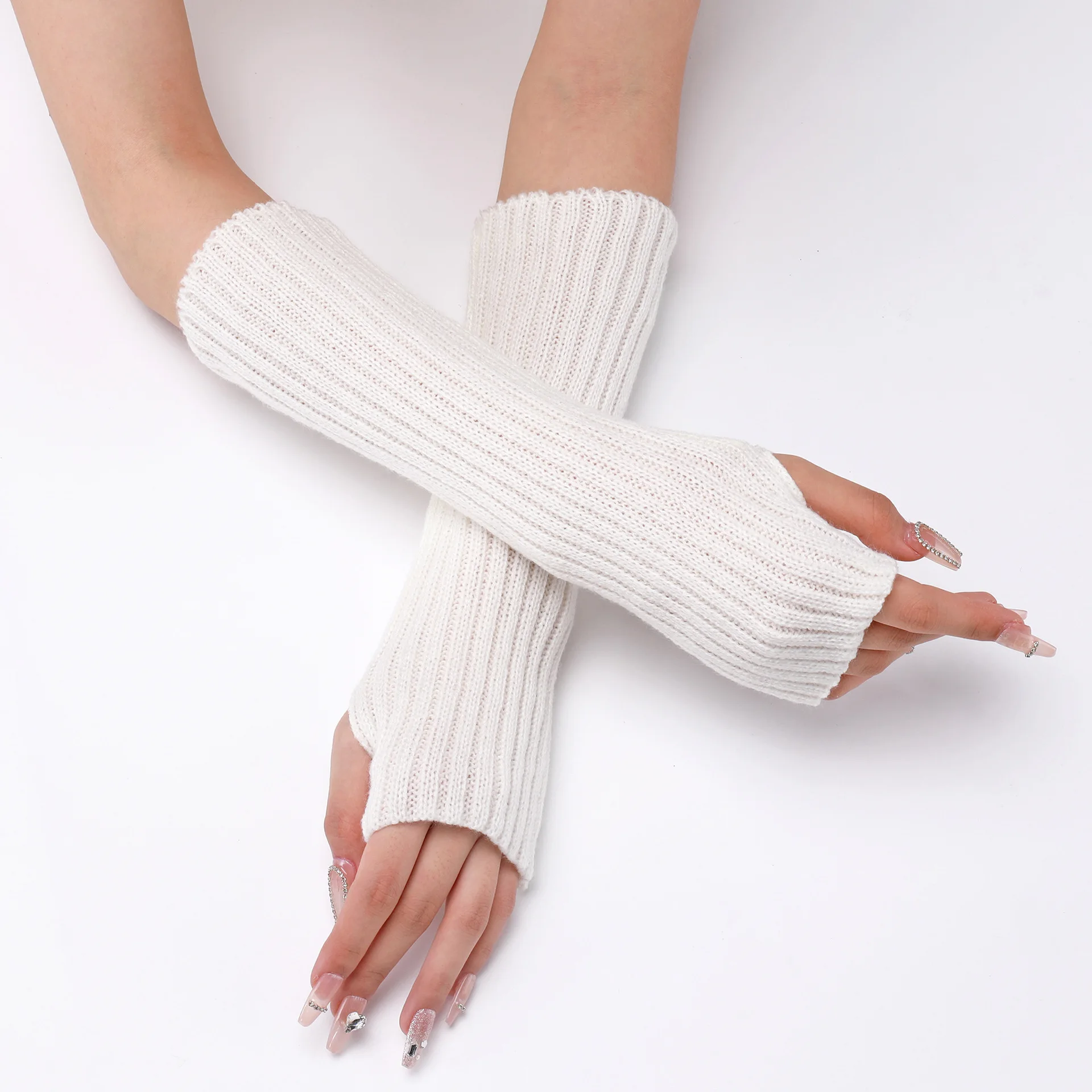 30CM Long Striped Gloves Womens Autumn Winter Yarn Sleeves Work Gloves Warm Exposed Finger Fake Sleeves Knitted Fingerless Glove