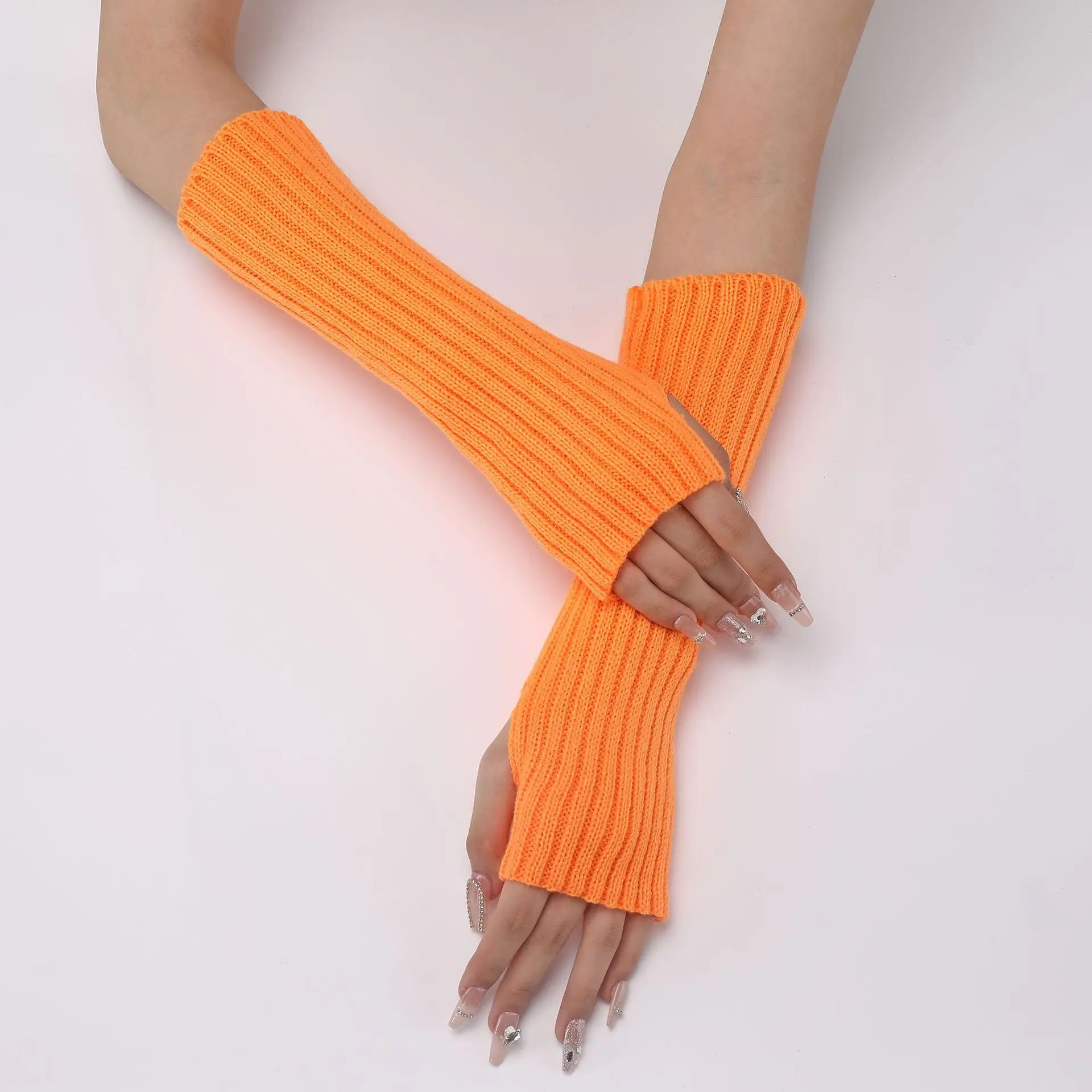 30CM Long Striped Gloves Womens Autumn Winter Yarn Sleeves Work Gloves Warm Exposed Finger Fake Sleeves Knitted Fingerless Glove