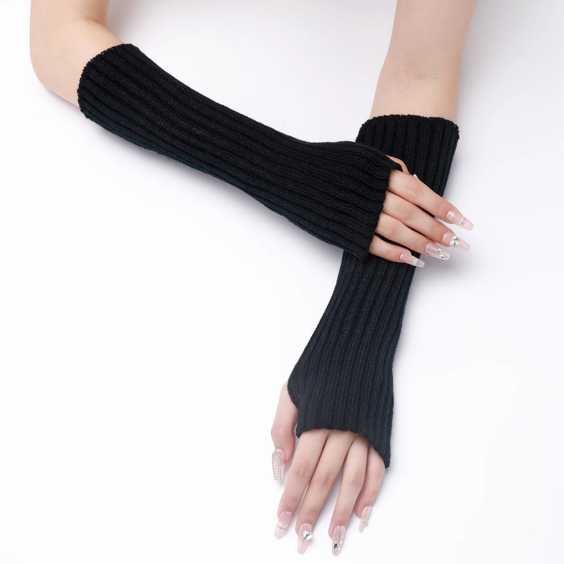 30CM Long Striped Gloves Womens Autumn Winter Yarn Sleeves Work Gloves Warm Exposed Finger Fake Sleeves Knitted Fingerless Glove