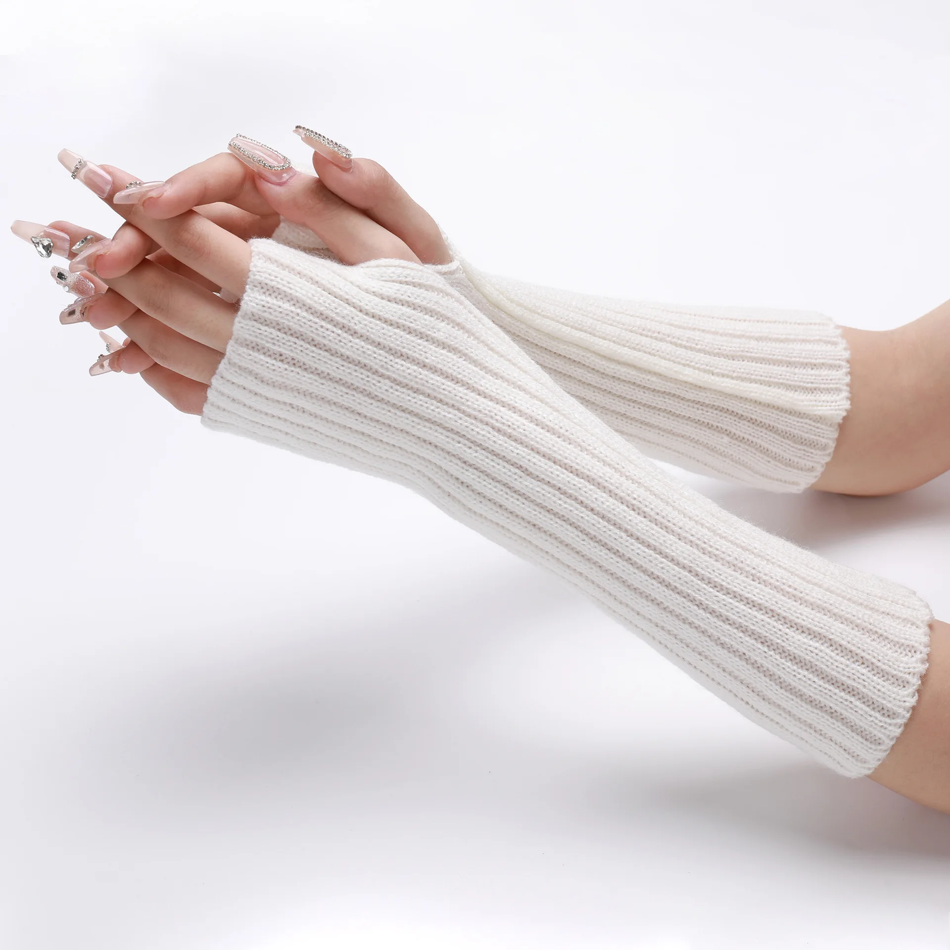30CM Long Striped Gloves Womens Autumn Winter Yarn Sleeves Work Gloves Warm Exposed Finger Fake Sleeves Knitted Fingerless Glove