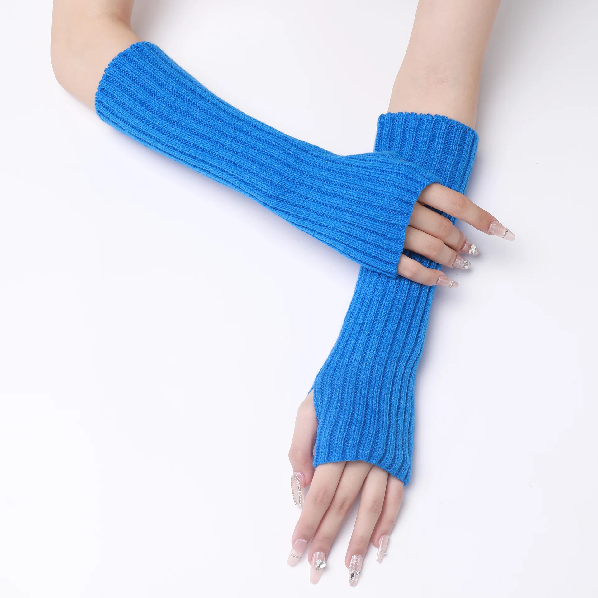 30CM Long Striped Gloves Womens Autumn Winter Yarn Sleeves Work Gloves Warm Exposed Finger Fake Sleeves Knitted Fingerless Glove