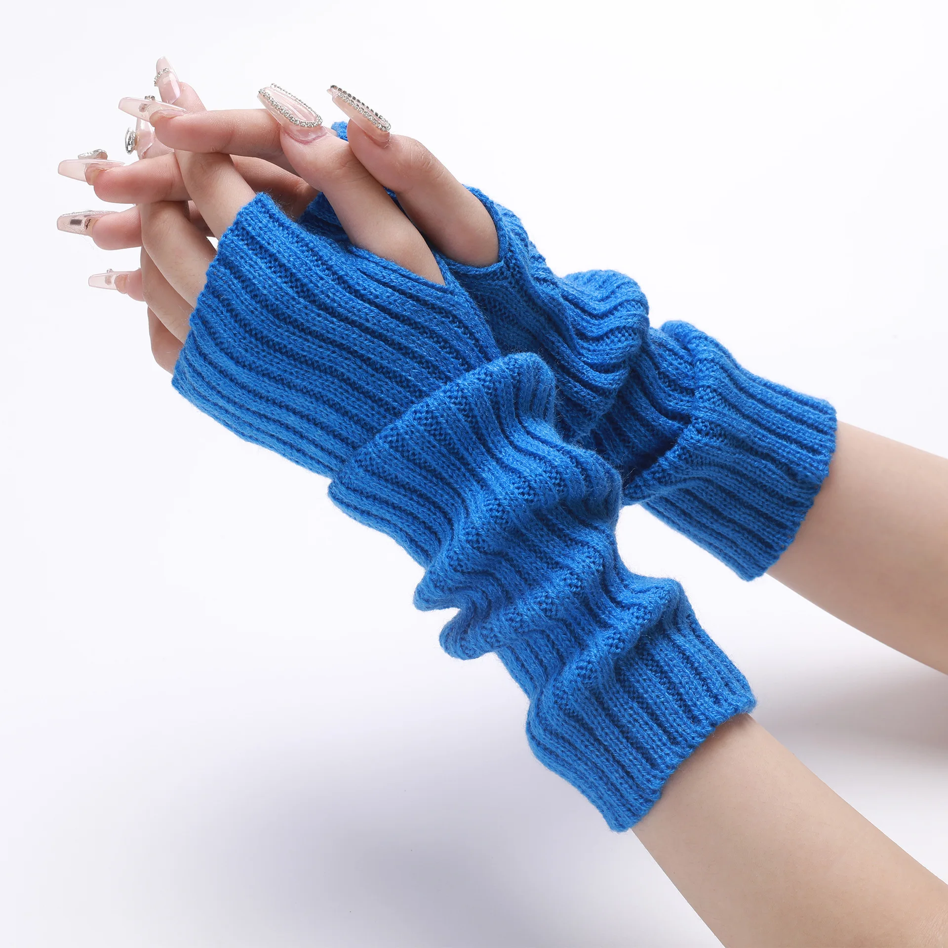 30CM Long Striped Gloves Womens Autumn Winter Yarn Sleeves Work Gloves Warm Exposed Finger Fake Sleeves Knitted Fingerless Glove