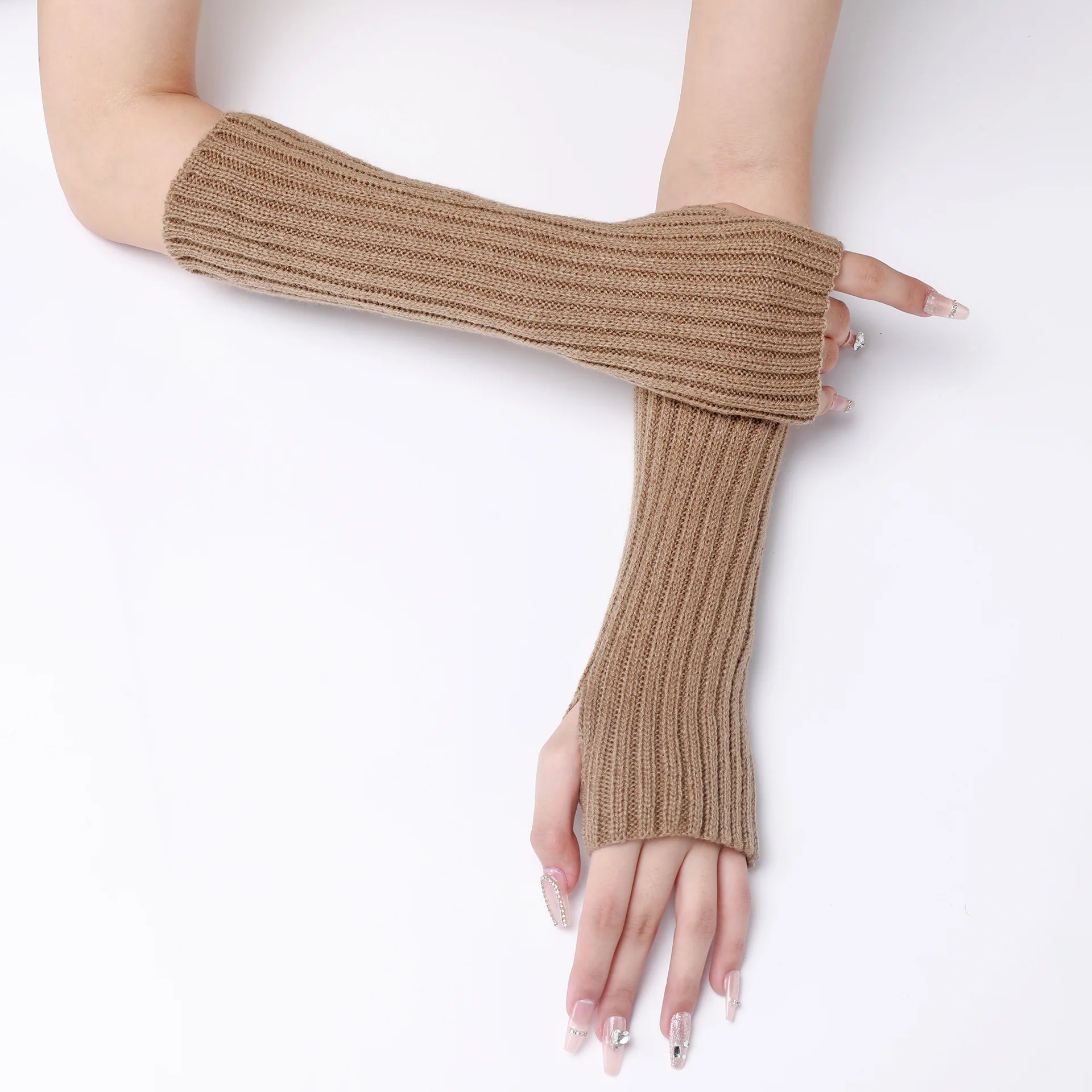 30CM Long Striped Gloves Womens Autumn Winter Yarn Sleeves Work Gloves Warm Exposed Finger Fake Sleeves Knitted Fingerless Glove