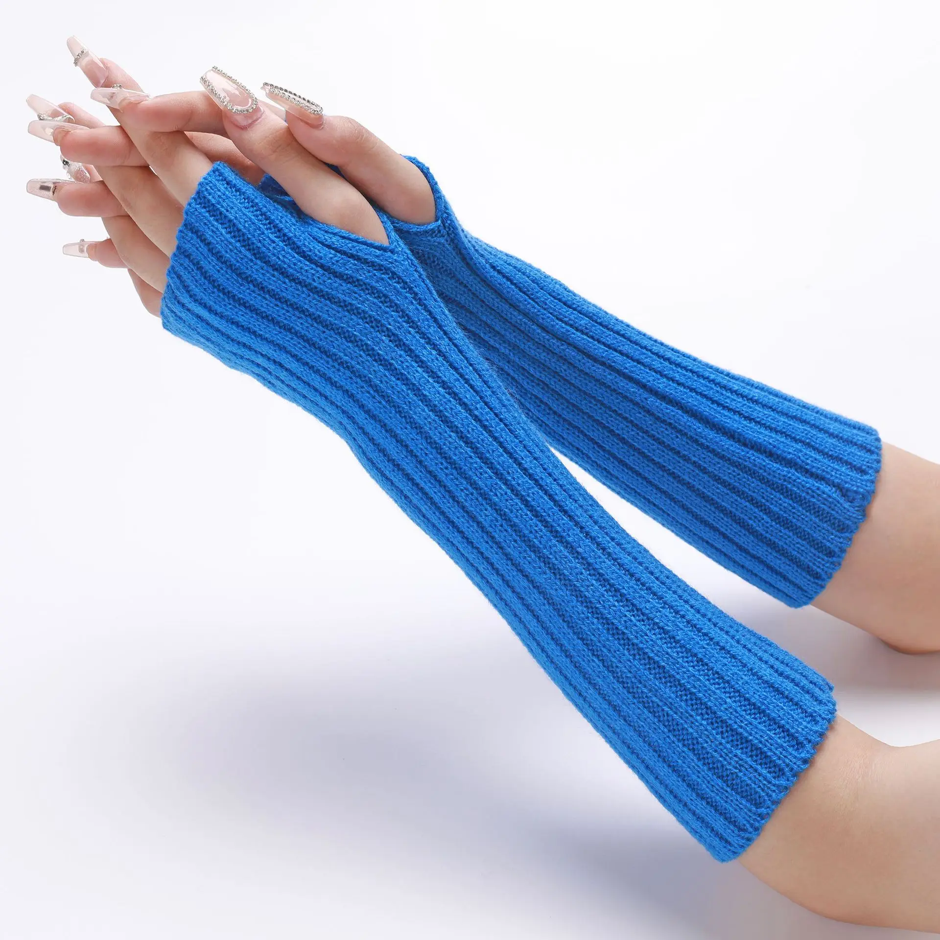 30CM Long Striped Gloves Womens Autumn Winter Yarn Sleeves Work Gloves Warm Exposed Finger Fake Sleeves Knitted Fingerless Glove
