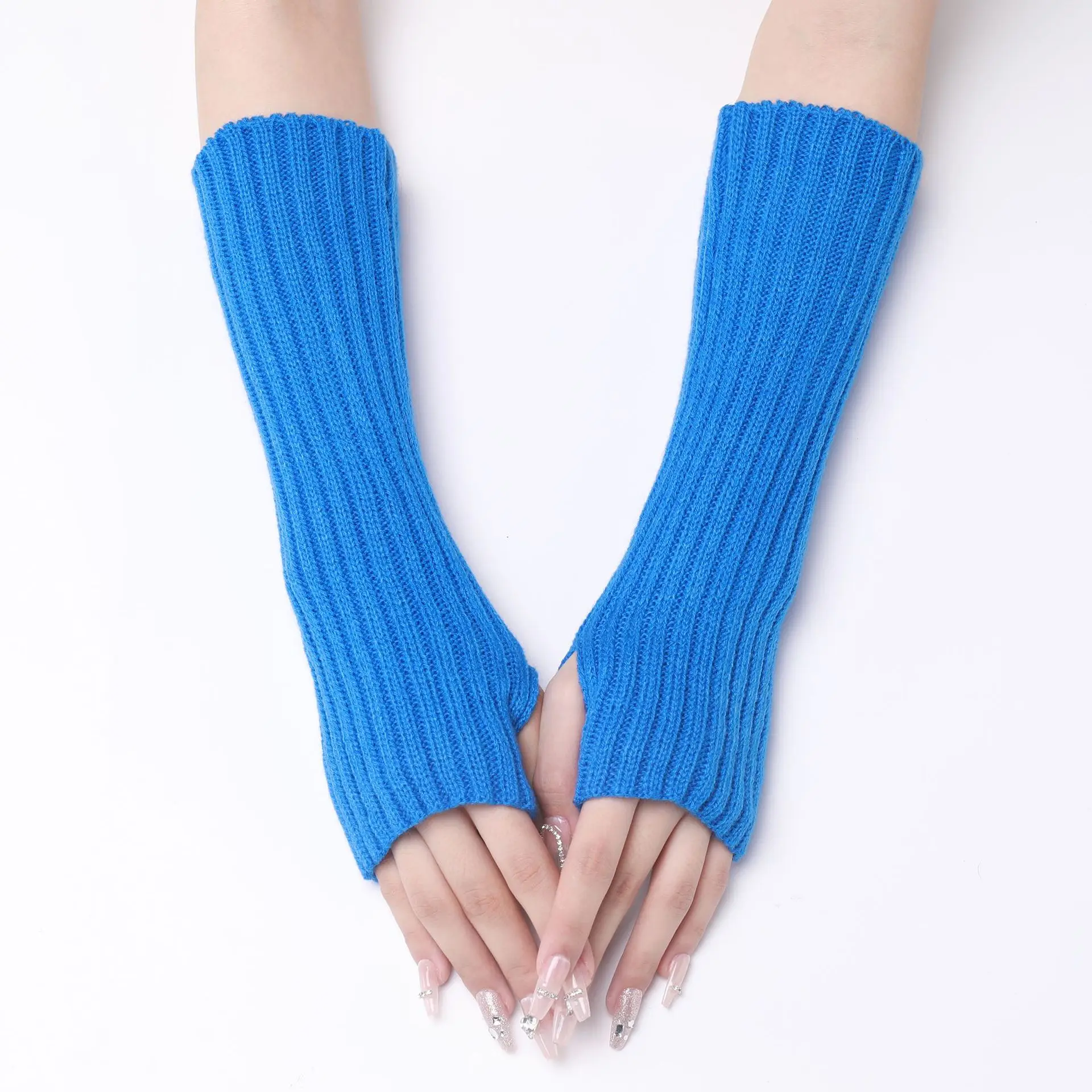 30CM Long Striped Gloves Womens Autumn Winter Yarn Sleeves Work Gloves Warm Exposed Finger Fake Sleeves Knitted Fingerless Glove