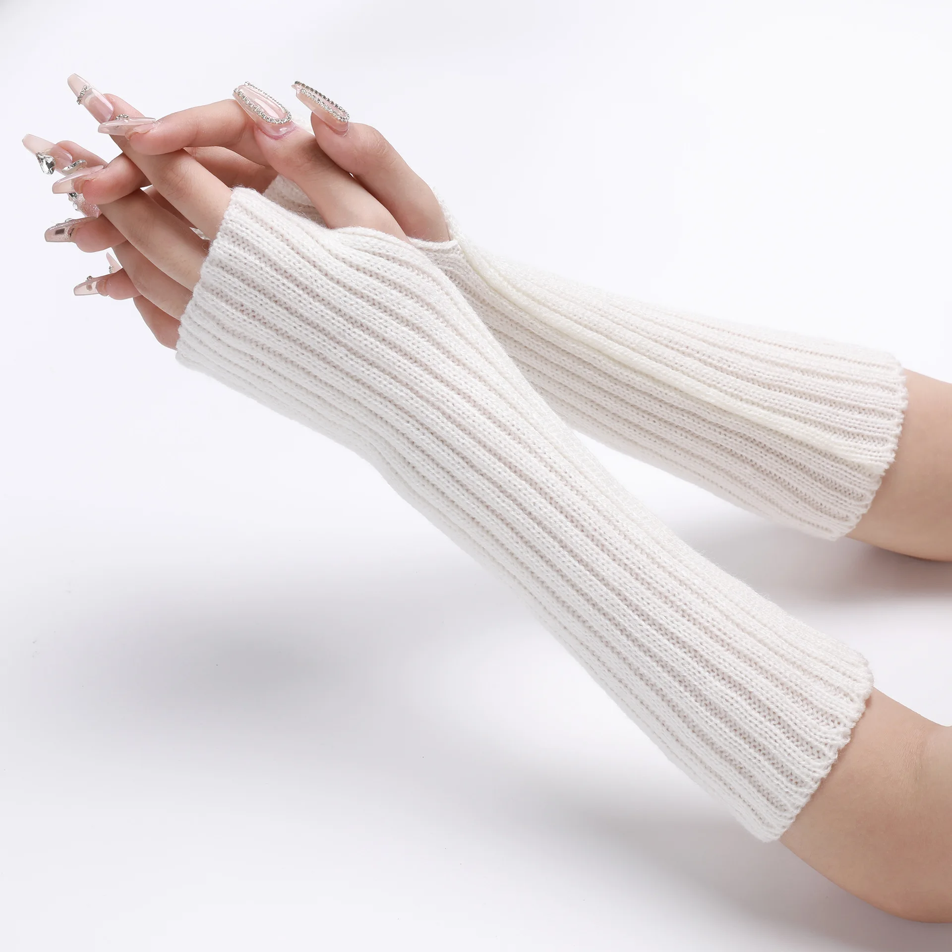 30CM Long Striped Gloves Womens Autumn Winter Yarn Sleeves Work Gloves Warm Exposed Finger Fake Sleeves Knitted Fingerless Glove