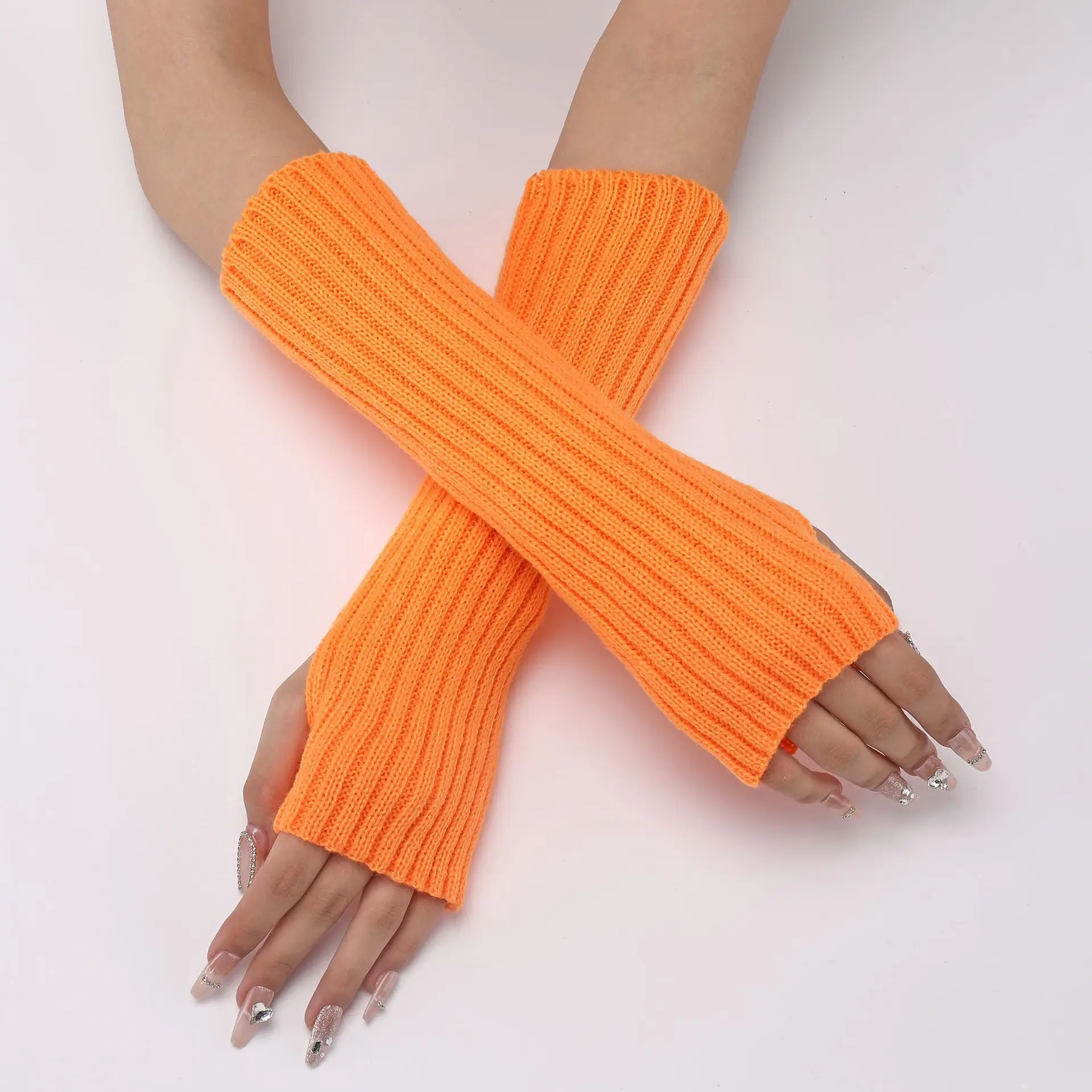 30CM Long Striped Gloves Womens Autumn Winter Yarn Sleeves Work Gloves Warm Exposed Finger Fake Sleeves Knitted Fingerless Glove