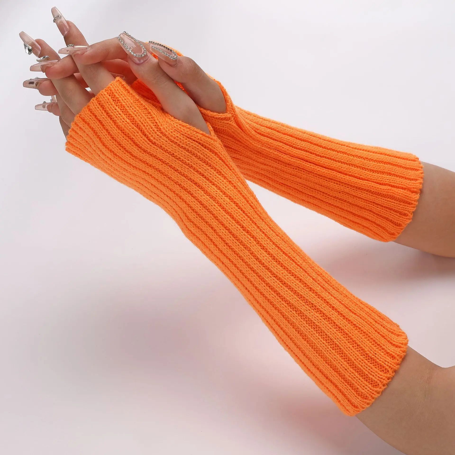 30CM Long Striped Gloves Womens Autumn Winter Yarn Sleeves Work Gloves Warm Exposed Finger Fake Sleeves Knitted Fingerless Glove