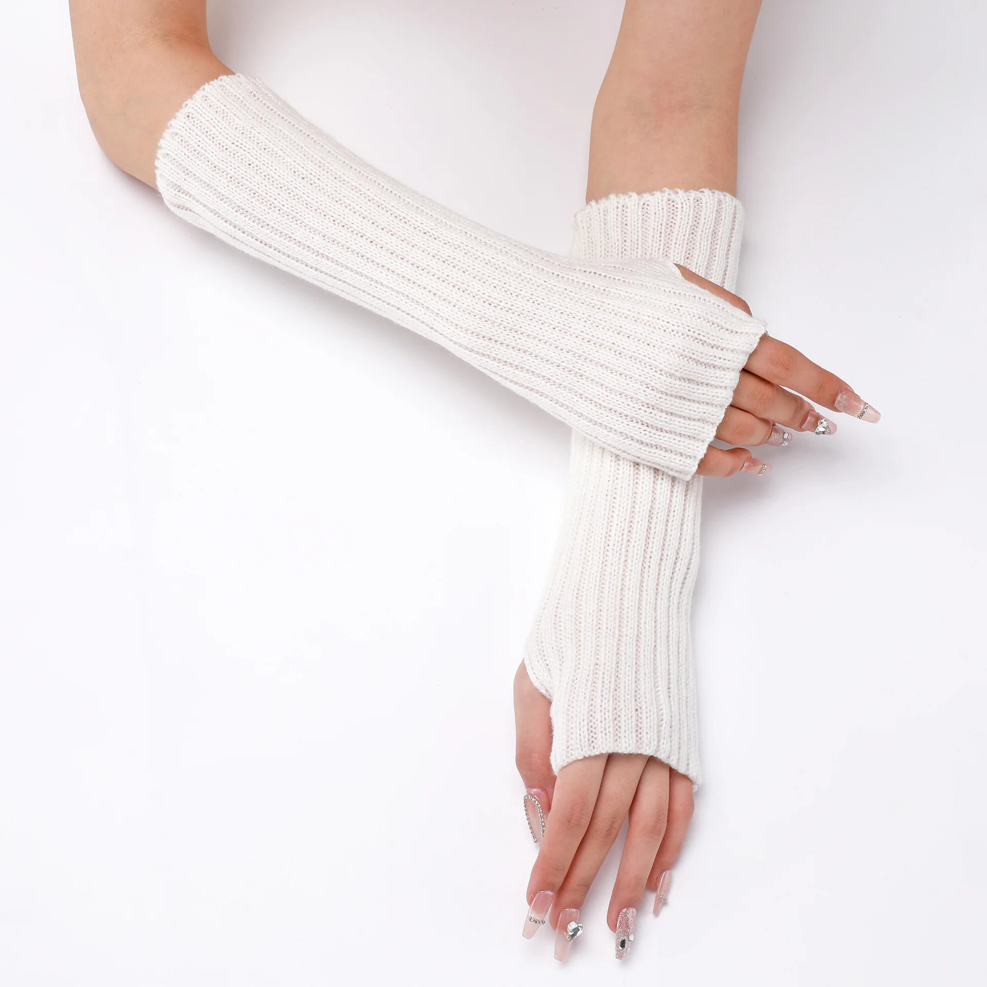 30CM Long Striped Gloves Womens Autumn Winter Yarn Sleeves Work Gloves Warm Exposed Finger Fake Sleeves Knitted Fingerless Glove