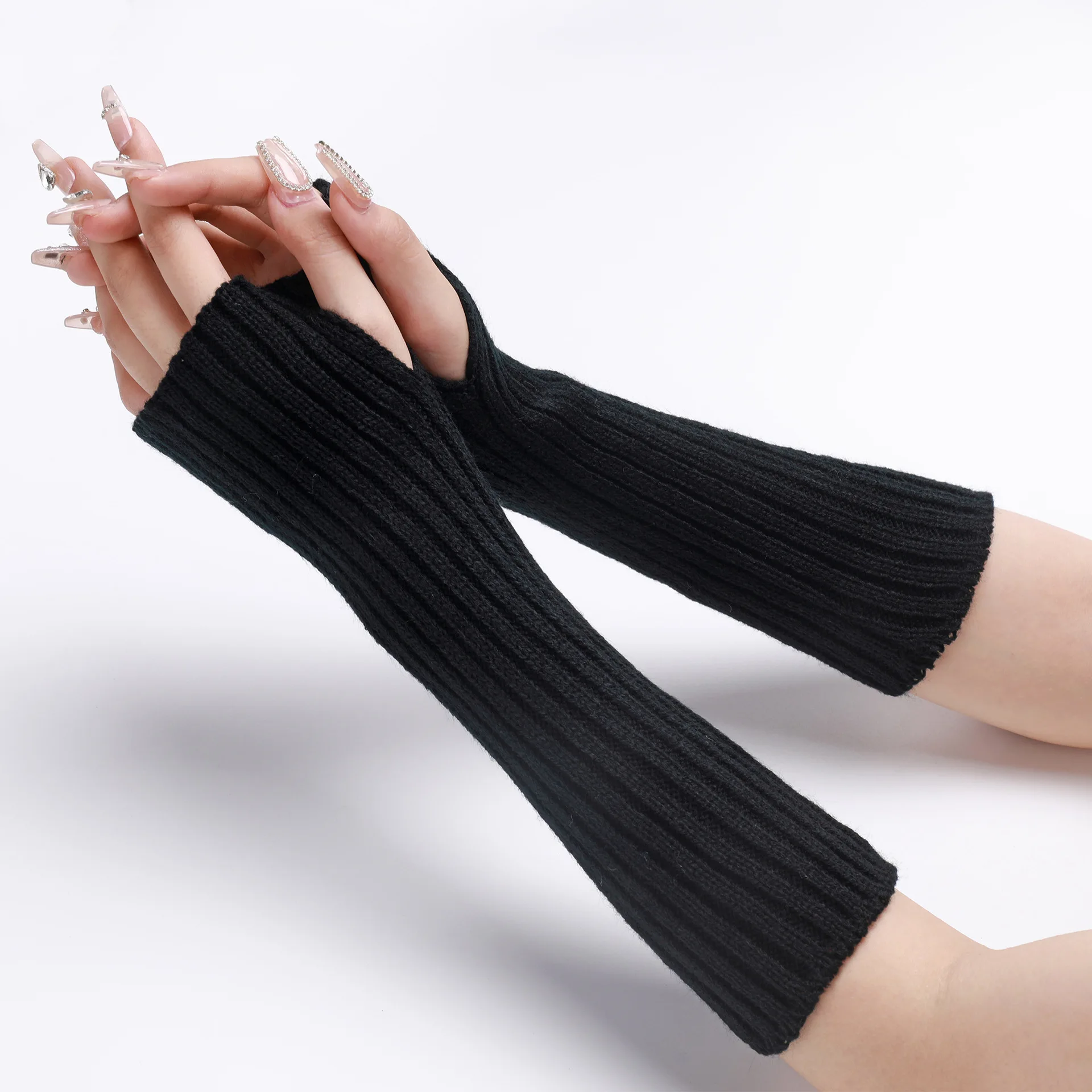 30CM Long Striped Gloves Womens Autumn Winter Yarn Sleeves Work Gloves Warm Exposed Finger Fake Sleeves Knitted Fingerless Glove
