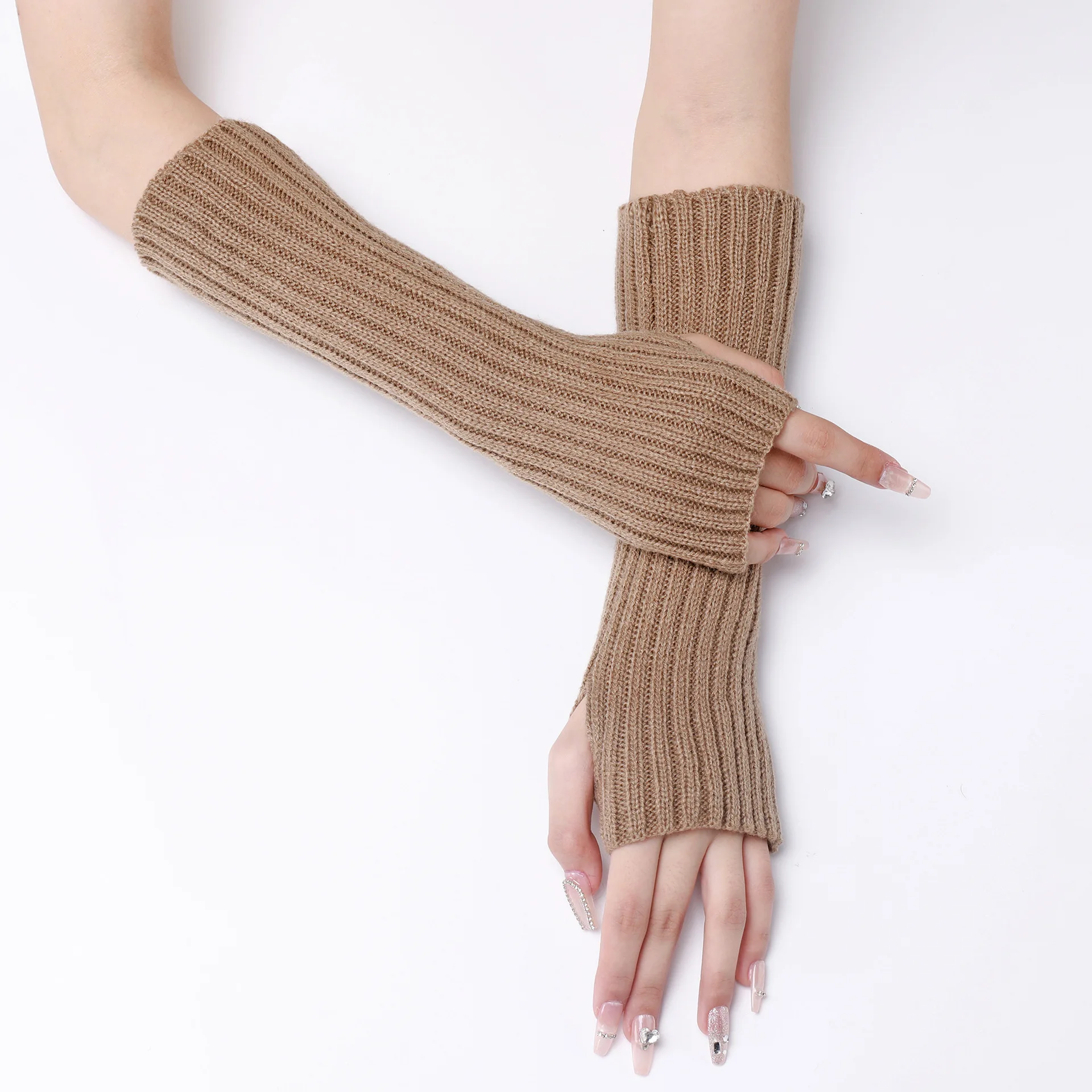 30CM Long Striped Gloves Womens Autumn Winter Yarn Sleeves Work Gloves Warm Exposed Finger Fake Sleeves Knitted Fingerless Glove