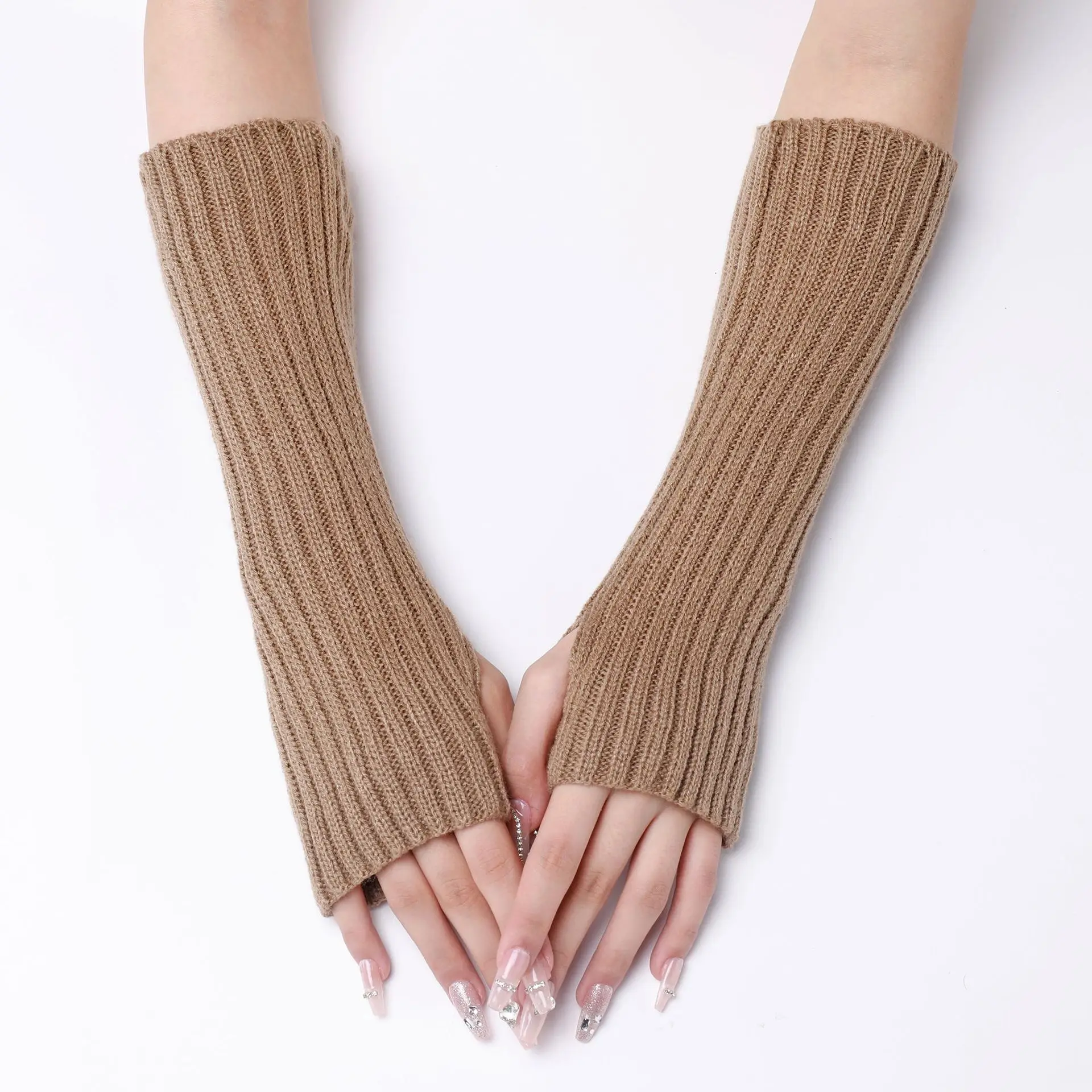 30CM Long Striped Gloves Womens Autumn Winter Yarn Sleeves Work Gloves Warm Exposed Finger Fake Sleeves Knitted Fingerless Glove