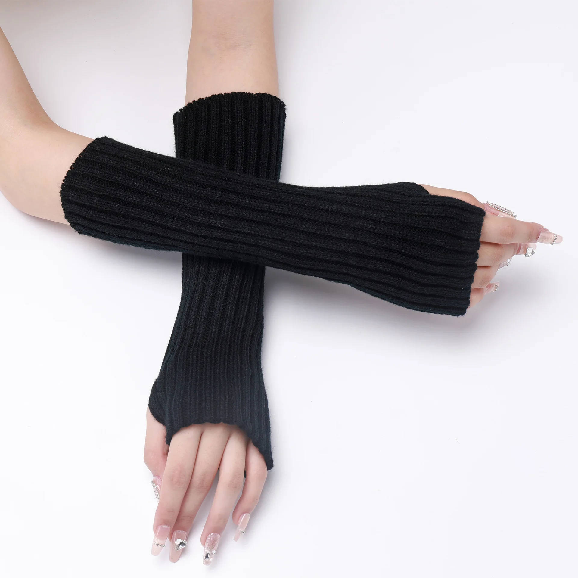 30CM Long Striped Gloves Womens Autumn Winter Yarn Sleeves Work Gloves Warm Exposed Finger Fake Sleeves Knitted Fingerless Glove