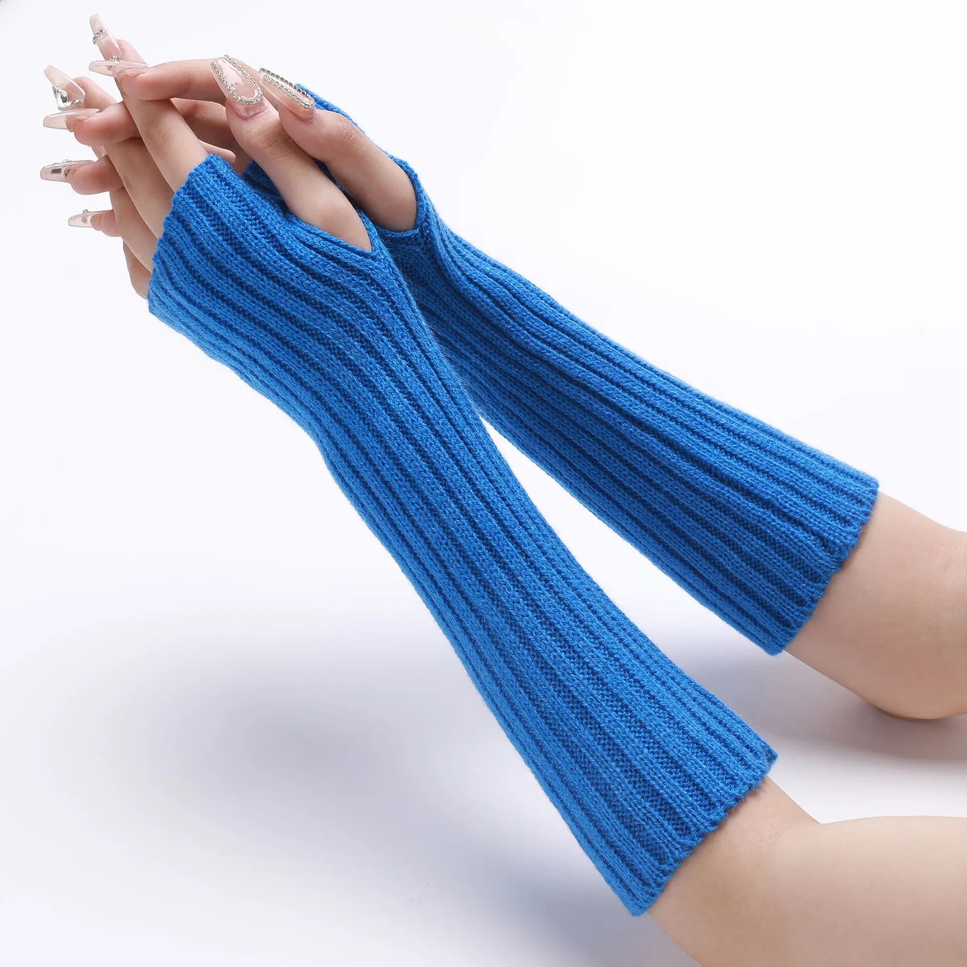 30CM Long Striped Gloves Womens Autumn Winter Yarn Sleeves Work Gloves Warm Exposed Finger Fake Sleeves Knitted Fingerless Glove