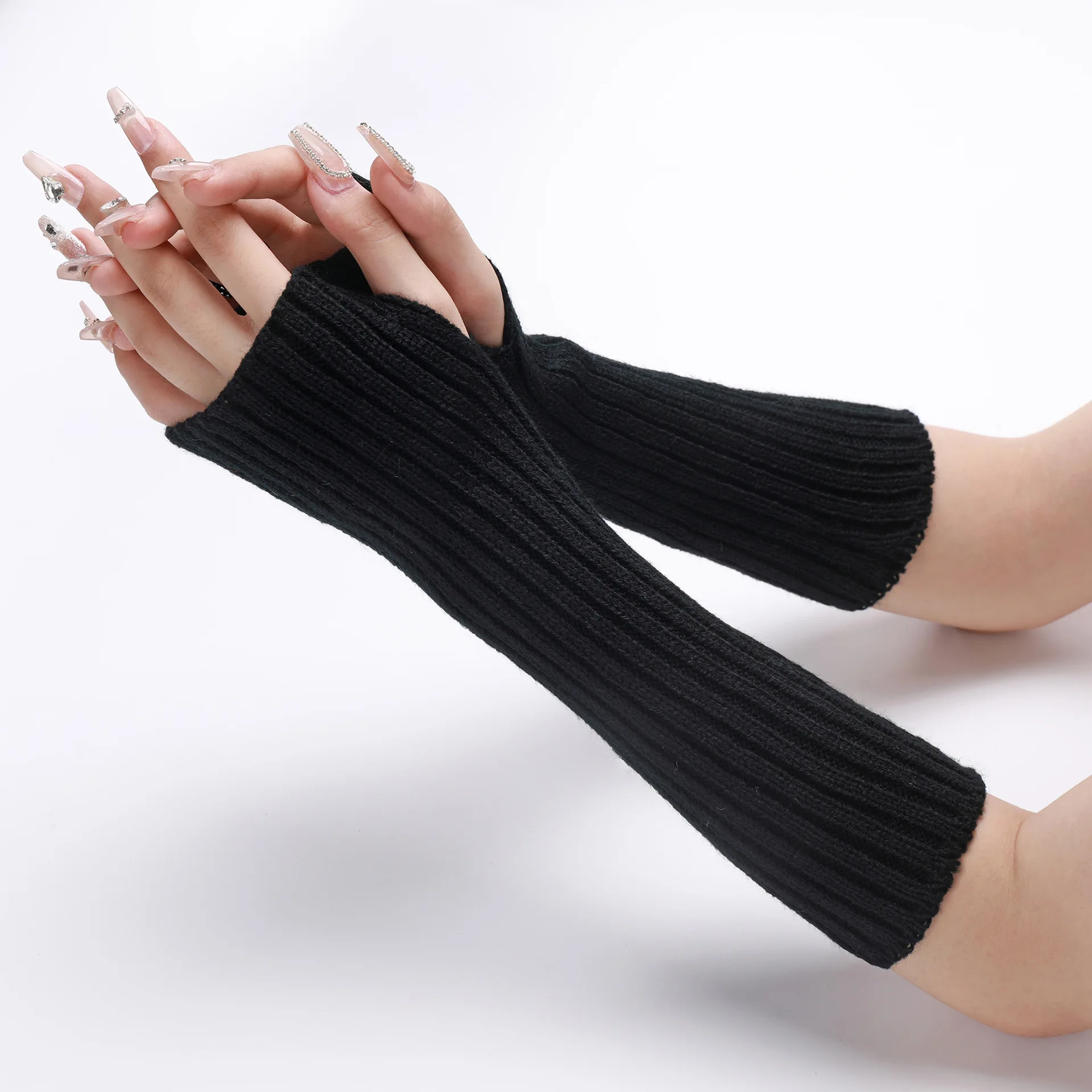 30CM Long Striped Gloves Womens Autumn Winter Yarn Sleeves Work Gloves Warm Exposed Finger Fake Sleeves Knitted Fingerless Glove