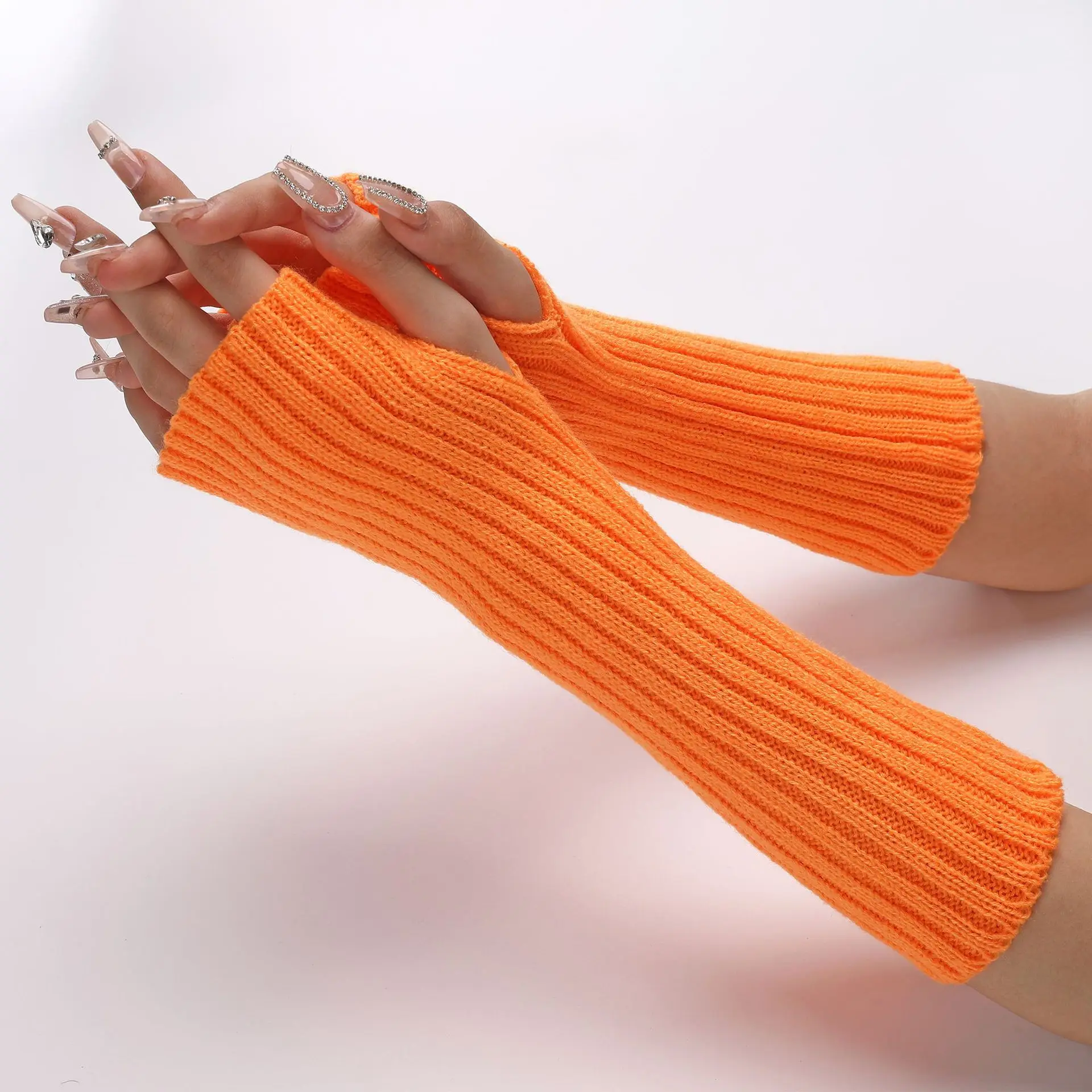 30CM Long Striped Gloves Womens Autumn Winter Yarn Sleeves Work Gloves Warm Exposed Finger Fake Sleeves Knitted Fingerless Glove