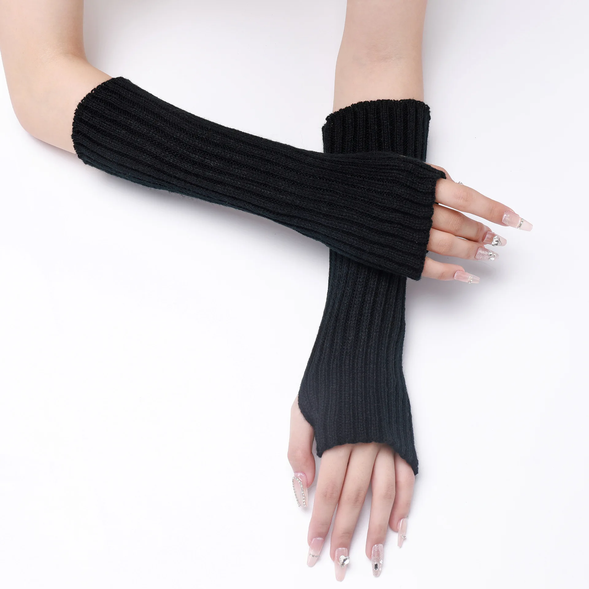 30CM Long Striped Gloves Womens Autumn Winter Yarn Sleeves Work Gloves Warm Exposed Finger Fake Sleeves Knitted Fingerless Glove
