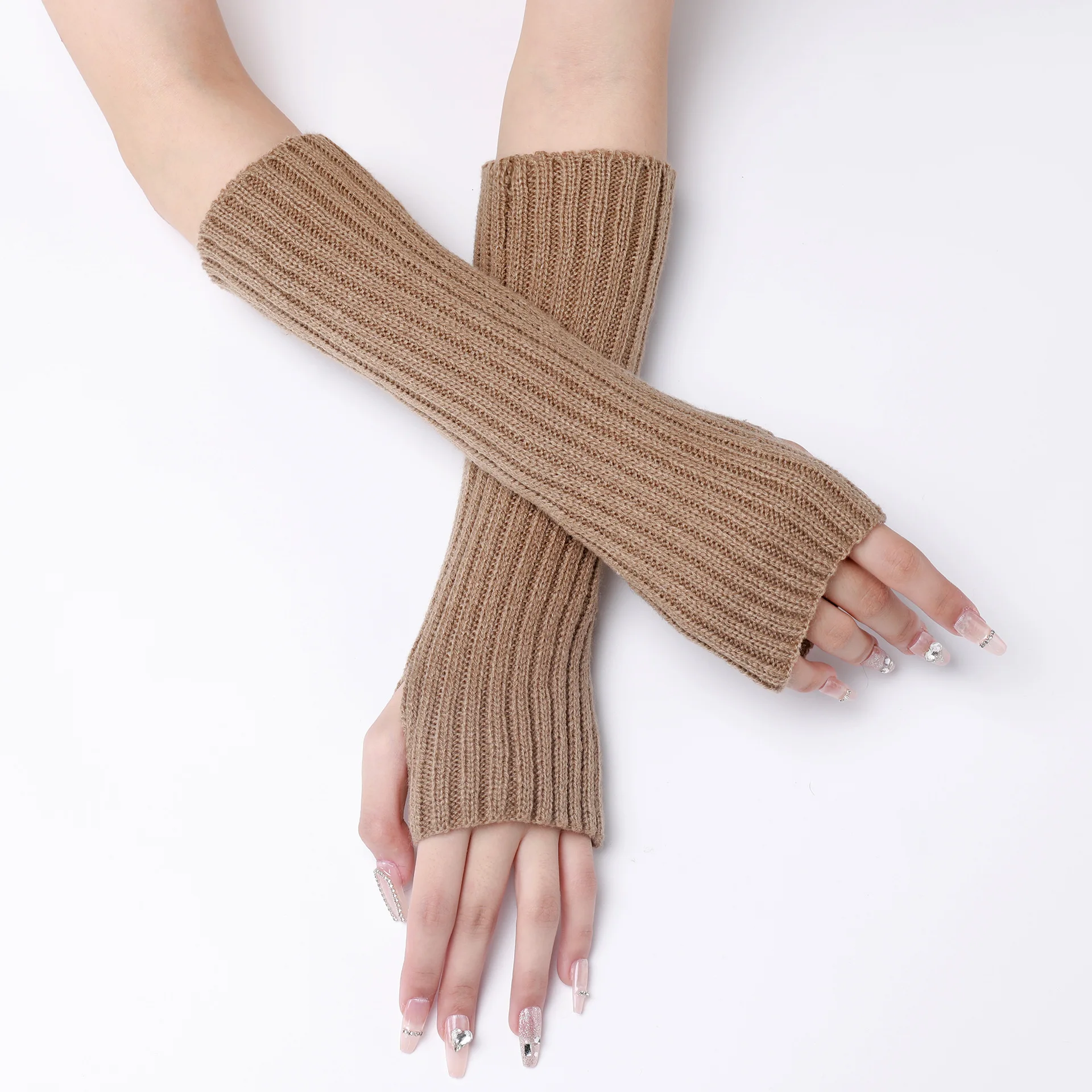 30CM Long Striped Gloves Womens Autumn Winter Yarn Sleeves Work Gloves Warm Exposed Finger Fake Sleeves Knitted Fingerless Glove