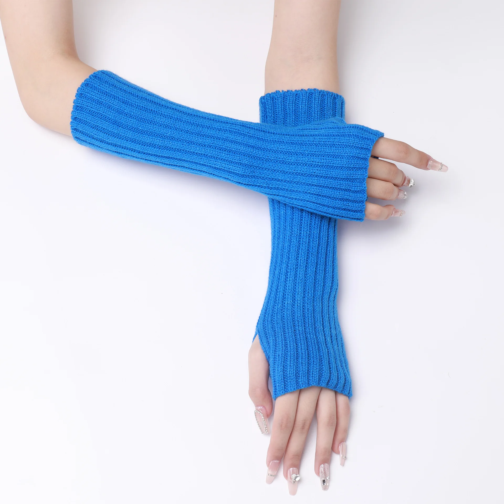 30CM Long Striped Gloves Womens Autumn Winter Yarn Sleeves Work Gloves Warm Exposed Finger Fake Sleeves Knitted Fingerless Glove