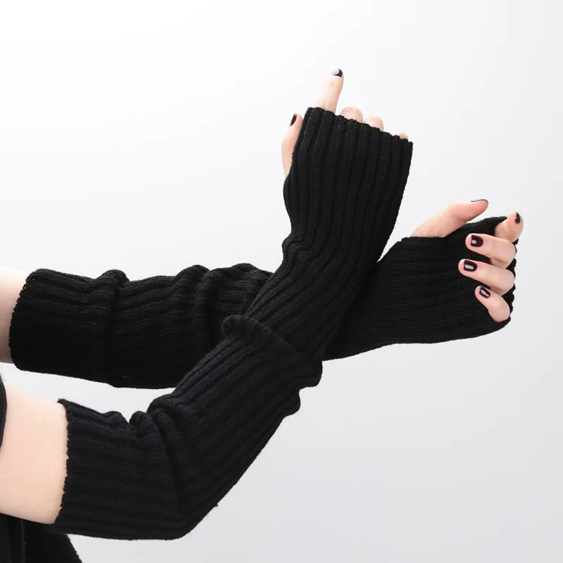 1Pair Women Long Fingerless Gloves Soft Female Kawaii Mitten Winter Warmer Knitted Arm Sleeve Girls Punk Gothic Gloves