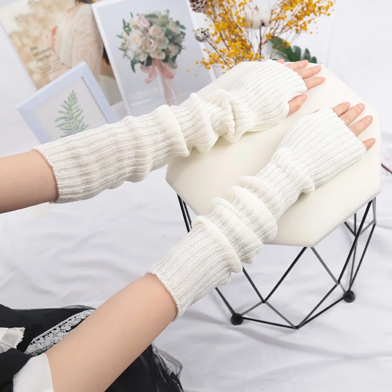 1Pair Women Long Fingerless Gloves Soft Female Kawaii Mitten Winter Warmer Knitted Arm Sleeve Girls Punk Gothic Gloves
