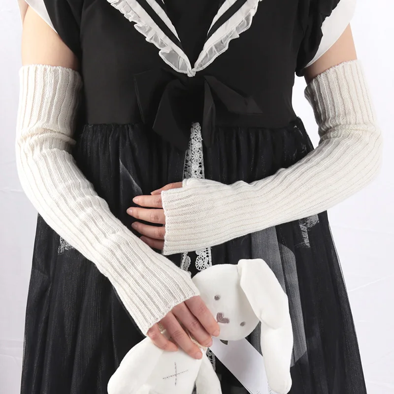 1Pair Women Long Fingerless Gloves Soft Female Kawaii Mitten Winter Warmer Knitted Arm Sleeve Girls Punk Gothic Gloves