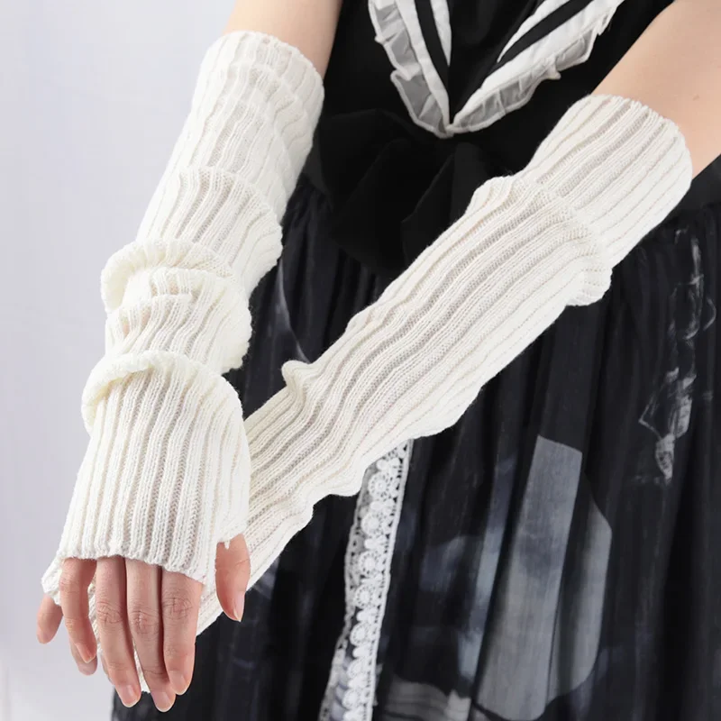 1Pair Women Long Fingerless Gloves Soft Female Kawaii Mitten Winter Warmer Knitted Arm Sleeve Girls Punk Gothic Gloves