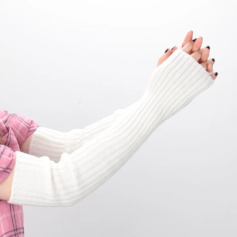 1Pair Women Long Fingerless Gloves Soft Female Kawaii Mitten Winter Warmer Knitted Arm Sleeve Girls Punk Gothic Gloves