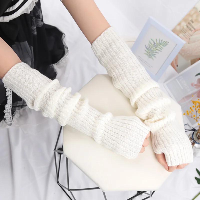 1Pair Women Long Fingerless Gloves Soft Female Kawaii Mitten Winter Warmer Knitted Arm Sleeve Girls Punk Gothic Gloves