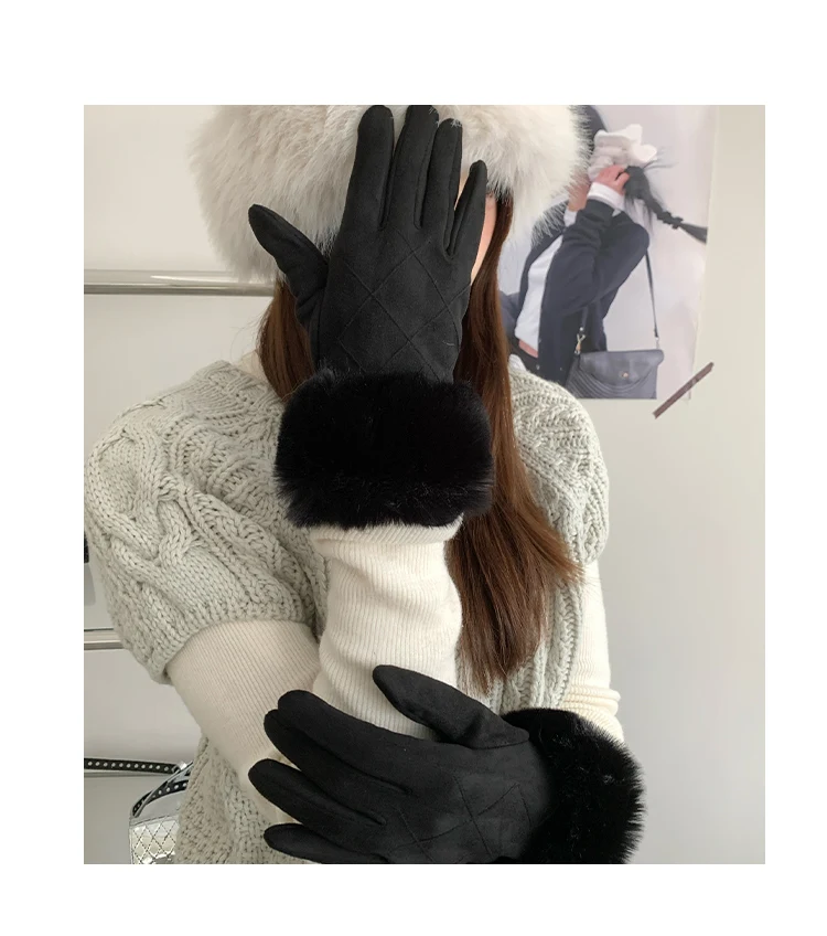 Faux Fur Lined Gloves For Women Winter Touch Screen Glove With Thickened Fleece And Warm Fingertip