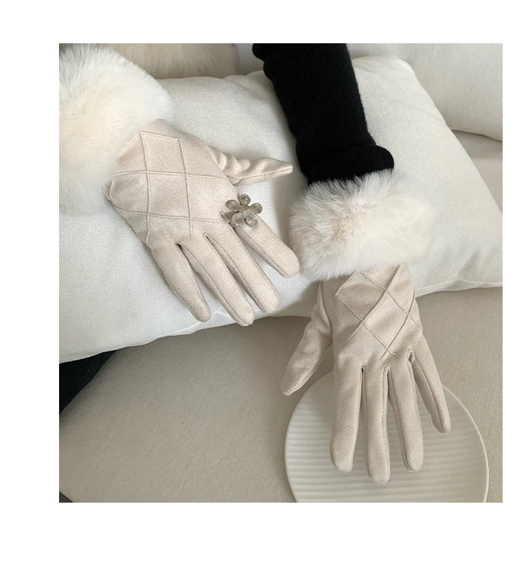 Faux Fur Lined Gloves For Women Winter Touch Screen Glove With Thickened Fleece And Warm Fingertip