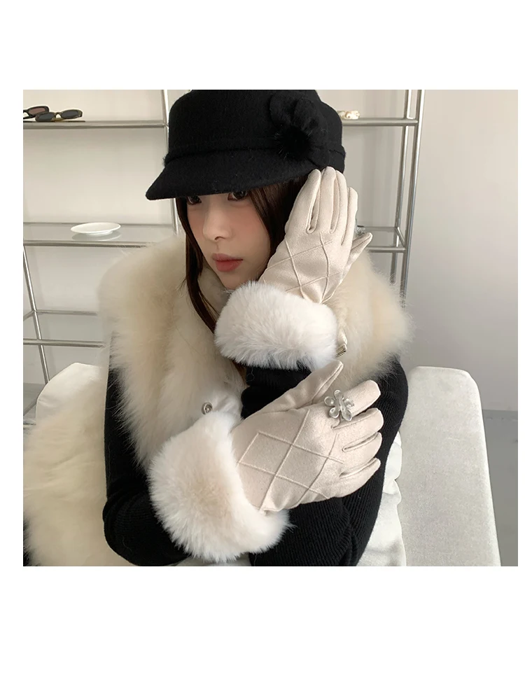 Faux Fur Lined Gloves For Women Winter Touch Screen Glove With Thickened Fleece And Warm Fingertip