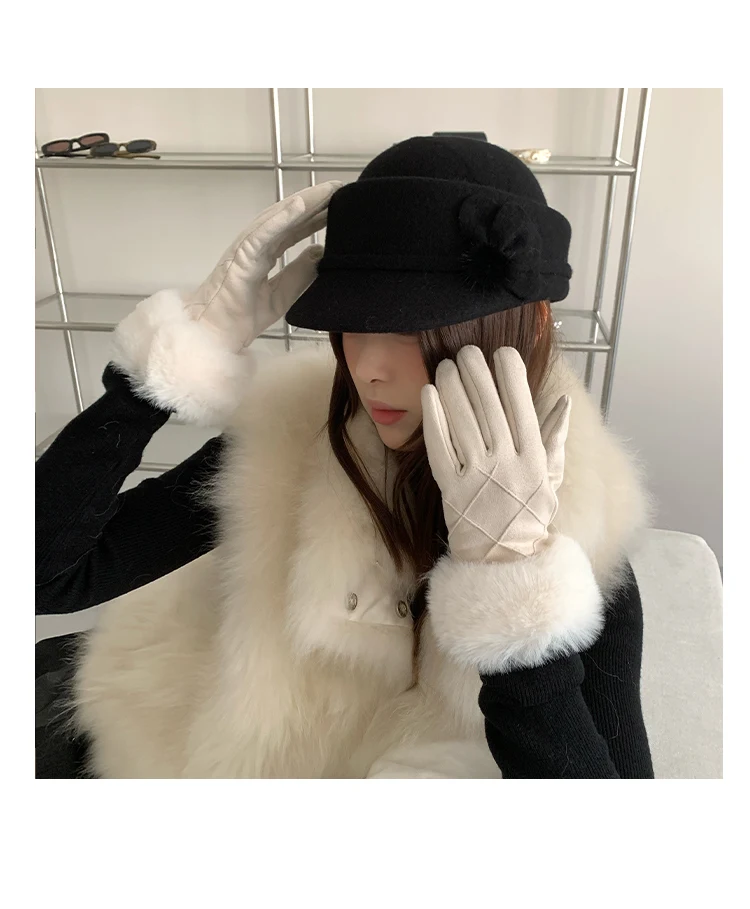 Faux Fur Lined Gloves For Women Winter Touch Screen Glove With Thickened Fleece And Warm Fingertip