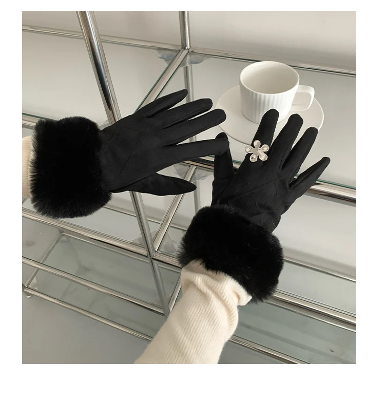 Faux Fur Lined Gloves For Women Winter Touch Screen Glove With Thickened Fleece And Warm Fingertip