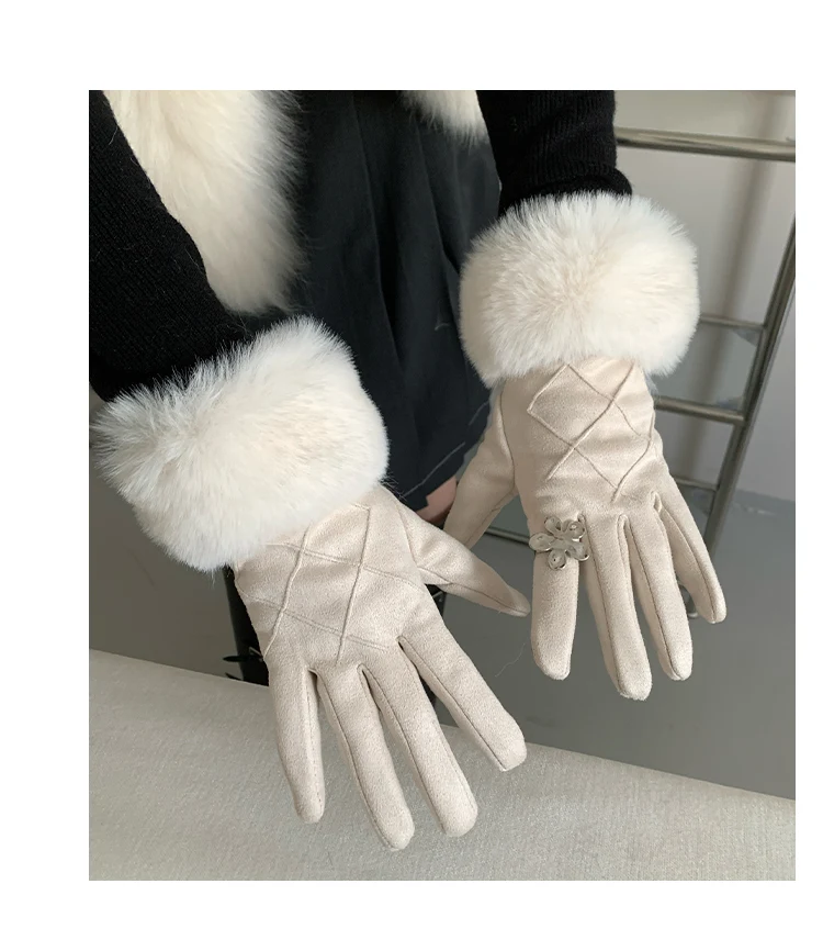 Faux Fur Lined Gloves For Women Winter Touch Screen Glove With Thickened Fleece And Warm Fingertip