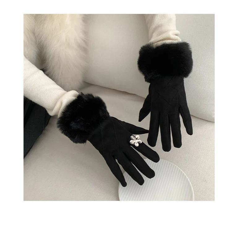 Faux Fur Lined Gloves For Women Winter Touch Screen Glove With Thickened Fleece And Warm Fingertip