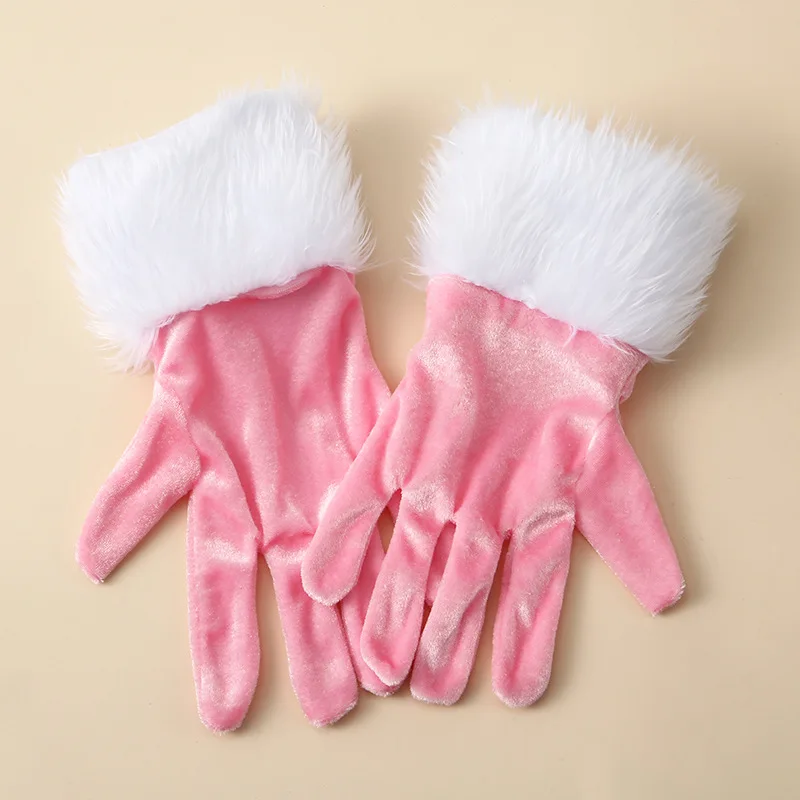 Women Cosplay Gold Velvet Christmas Gloves Stage Performance Prom Party Red Plush Wrist Fashion Personality
