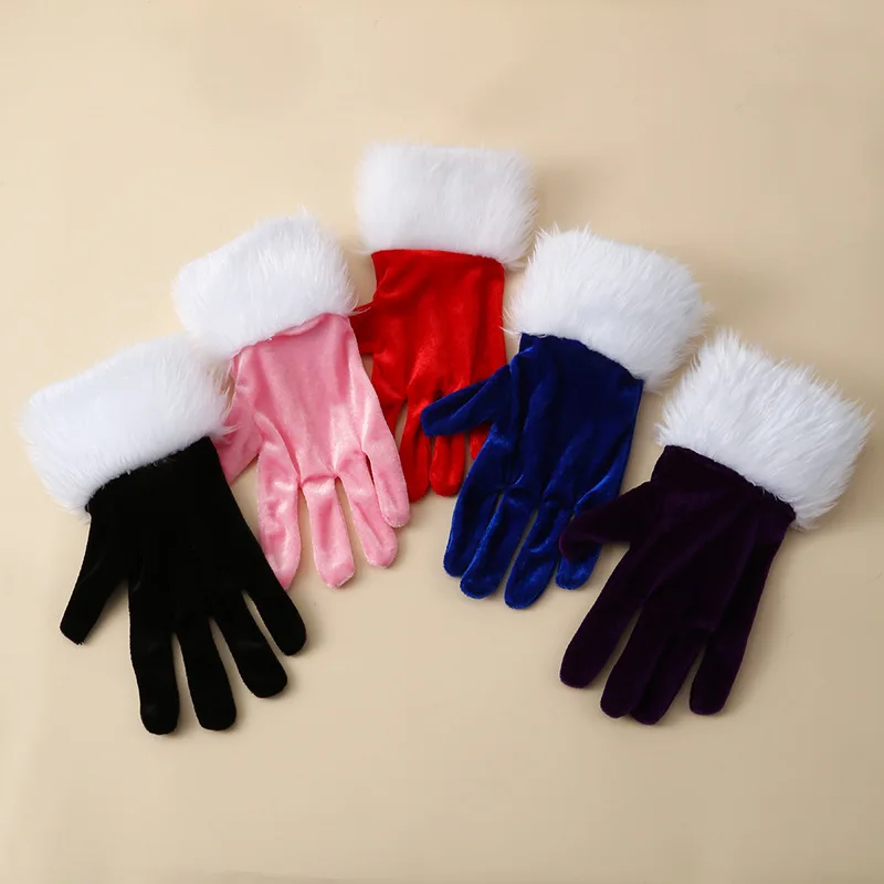 Women Cosplay Gold Velvet Christmas Gloves Stage Performance Prom Party Red Plush Wrist Fashion Personality