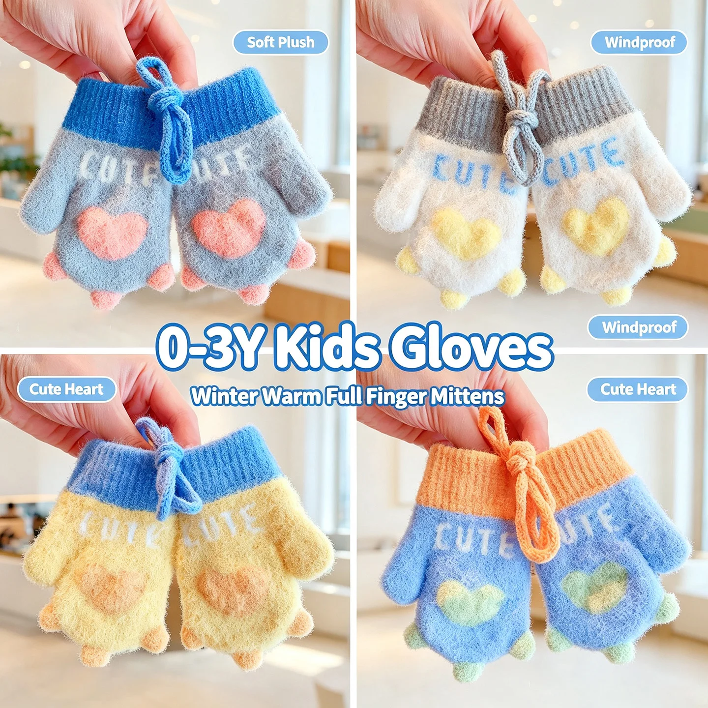 Baby Winter Mittens Soft Plush Color Block Toddler Gloves Anti‑lost Lanyard 3D Heart Decor Elastic Rib Cuff Windproof Warm 2026