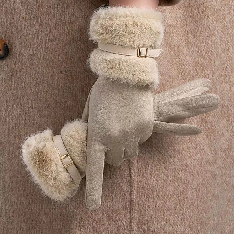 Winter Women Keep Warm Plus Velvet Touch Screen Thicken Plush Wrist Suede Gloves Fashion Personality Elegant Drive Cycling