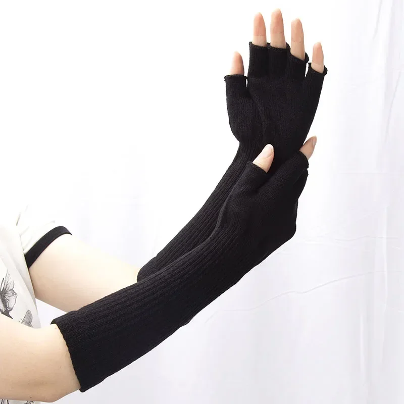 Women Knitted Long Half Finger Gloves Fingerless Gloves for Men Autumn Winter Elastic Warm Workout Cycling Accessories